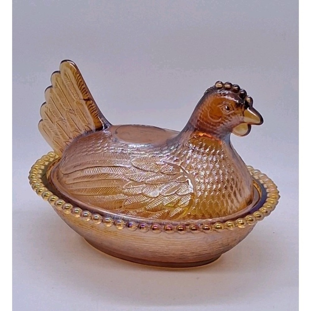 Vintage INDIANA Glass 7" HEN ON NEST Covered DISH Marigold Beaded Base